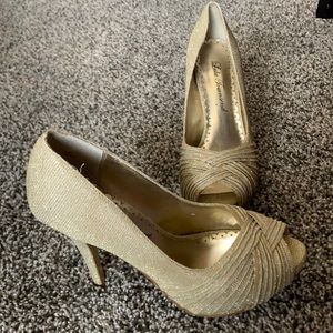Gold sparkly peep toe pumps